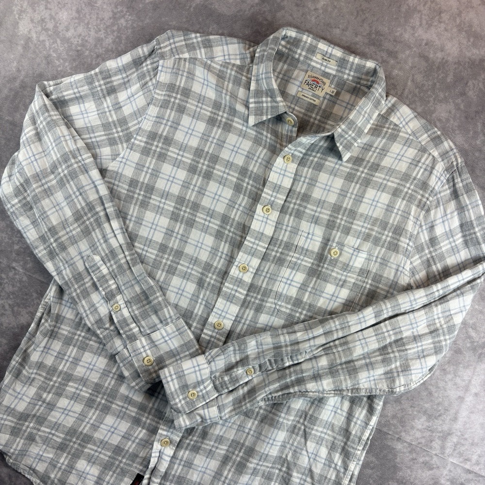 Faherty Light Gray and White Plaid Button-Down Shirt